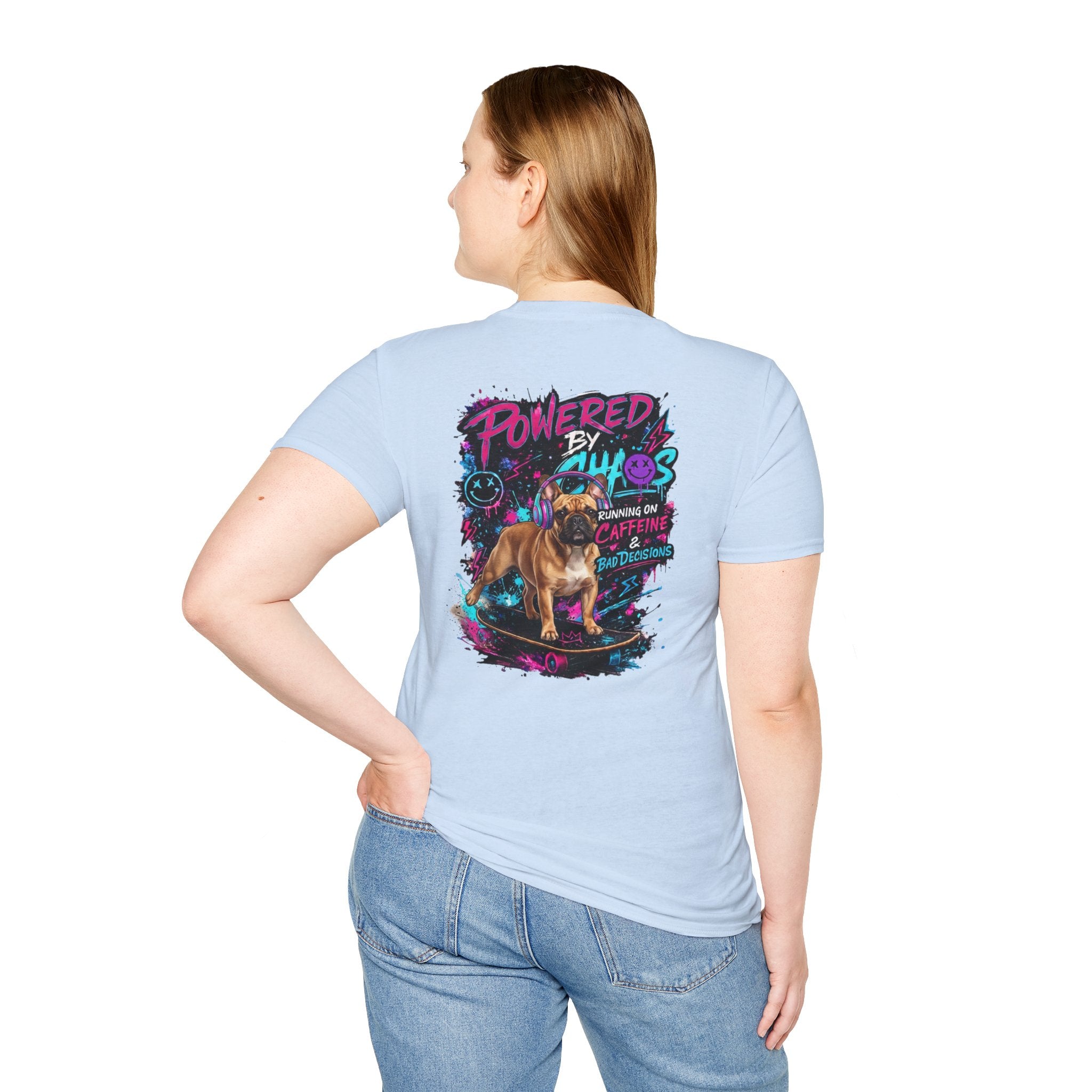 Powered by Chaos Bulldog Tee | Graphic Dog Portrait, Neon Skateboard Art