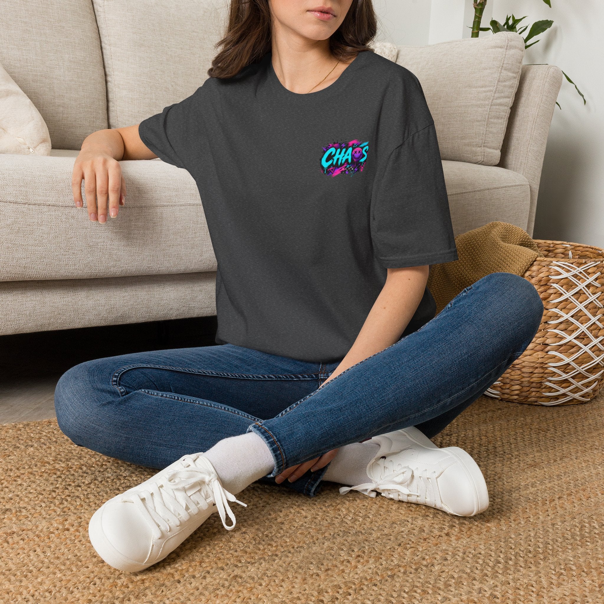 Powered by Chaos Bulldog Tee | Graphic Dog Portrait, Neon Skateboard Art