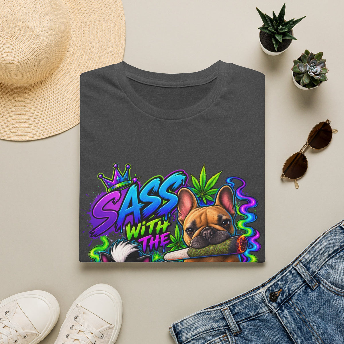 Graphic Tee — "Sass With The Gas" French Bulldog Cannabis Streetwear