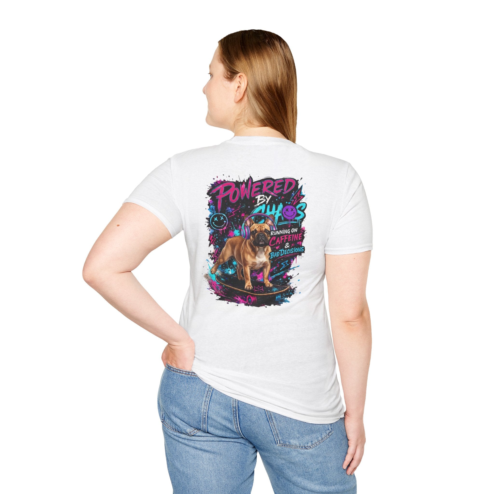 Powered by Chaos Bulldog Tee | Graphic Dog Portrait, Neon Skateboard Art