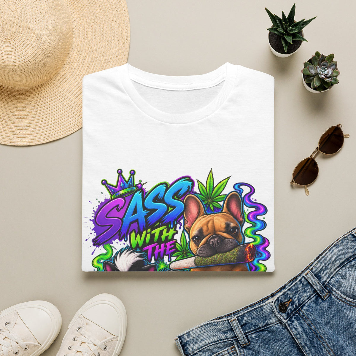 Graphic Tee — "Sass With The Gas" French Bulldog Cannabis Streetwear