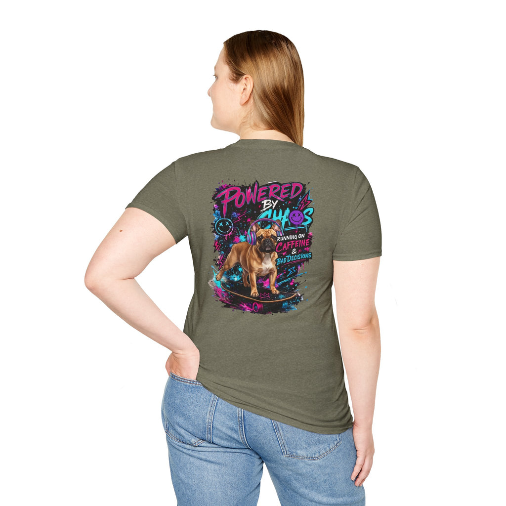 Powered by Chaos Bulldog Tee | Graphic Dog Portrait, Neon Skateboard Art