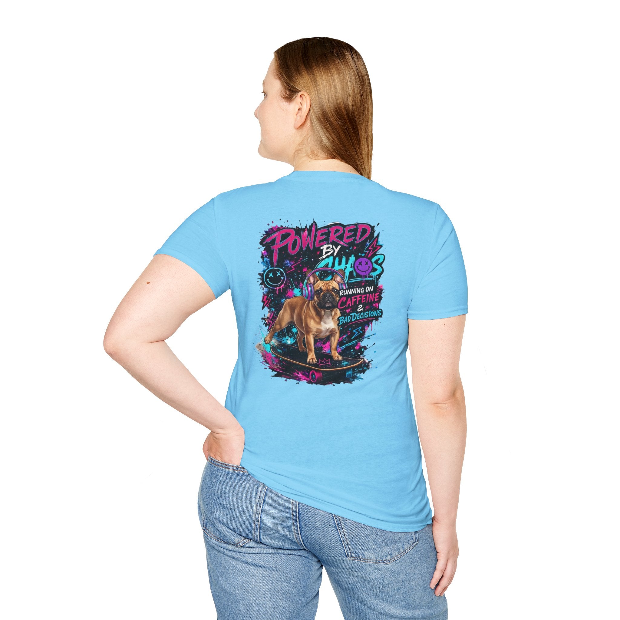 Powered by Chaos Bulldog Tee | Graphic Dog Portrait, Neon Skateboard Art