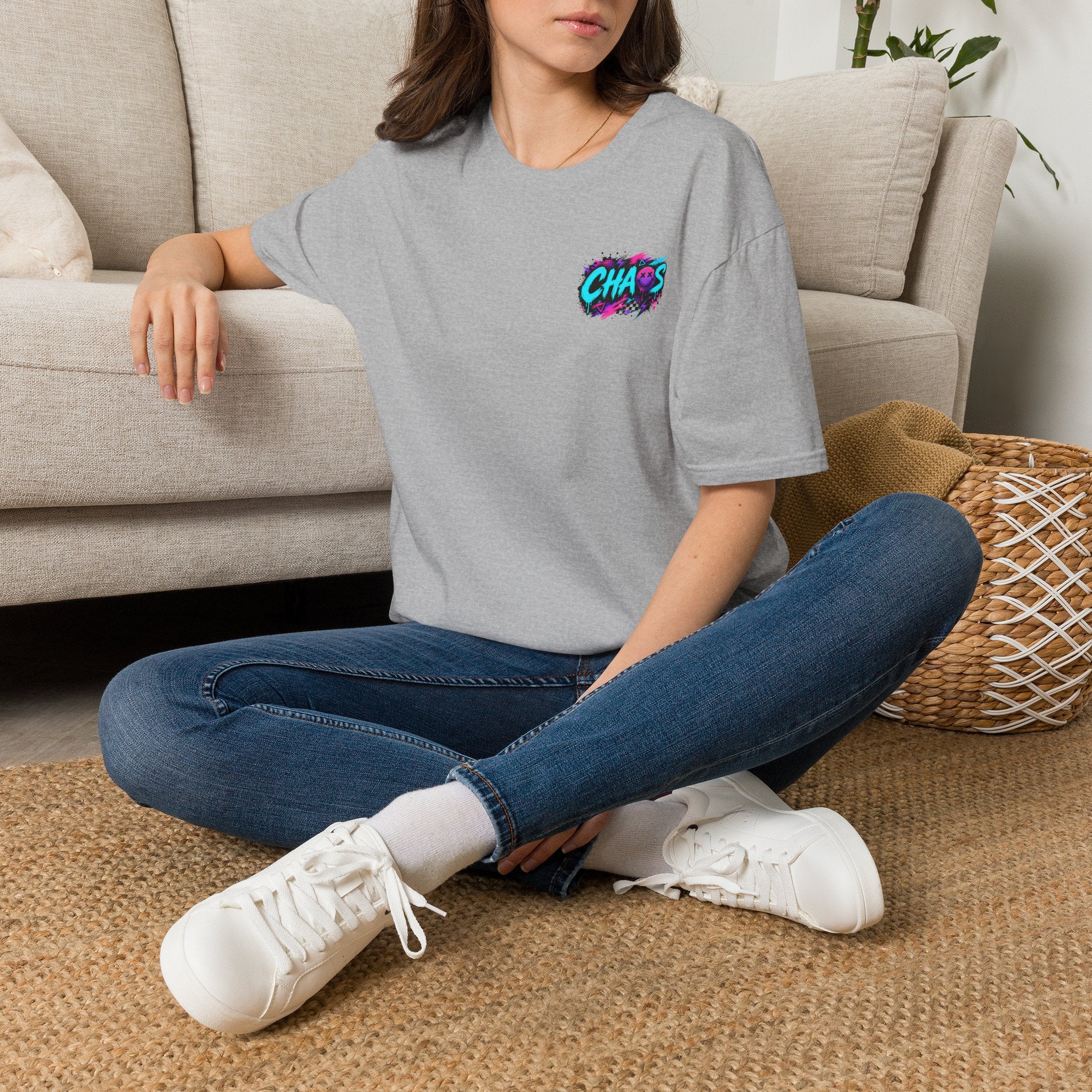 Powered by Chaos Bulldog Tee | Graphic Dog Portrait, Neon Skateboard Art