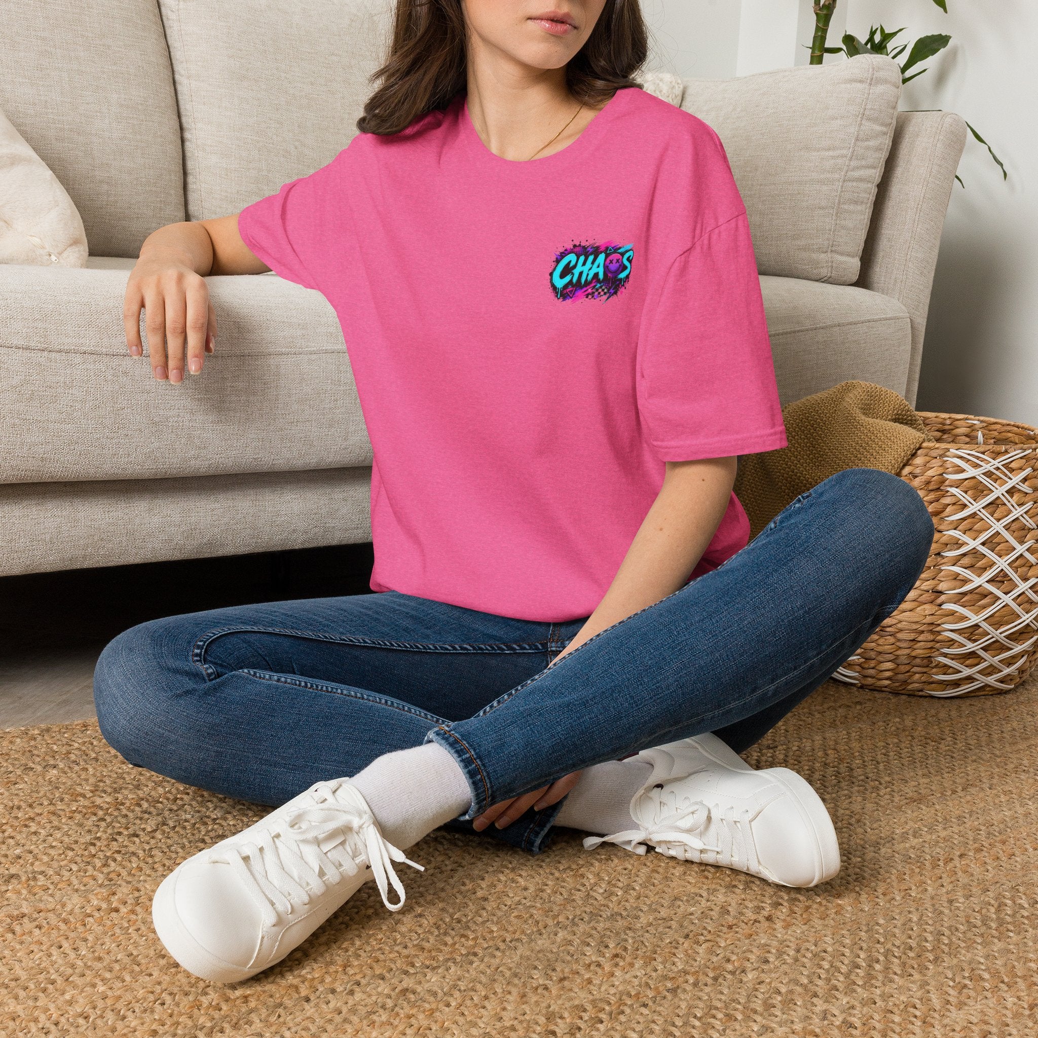 Powered by Chaos Bulldog Tee | Graphic Dog Portrait, Neon Skateboard Art
