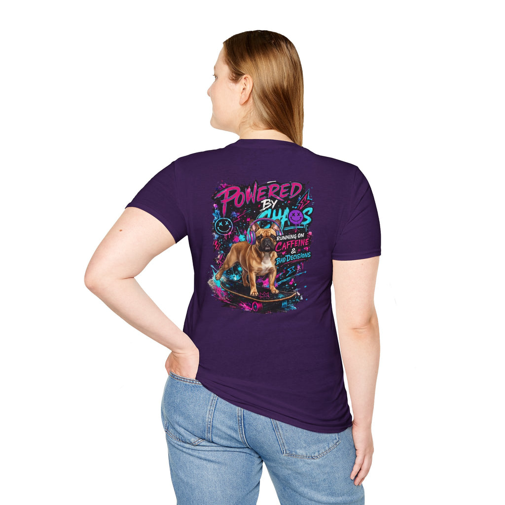 Powered by Chaos Bulldog Tee | Graphic Dog Portrait, Neon Skateboard Art