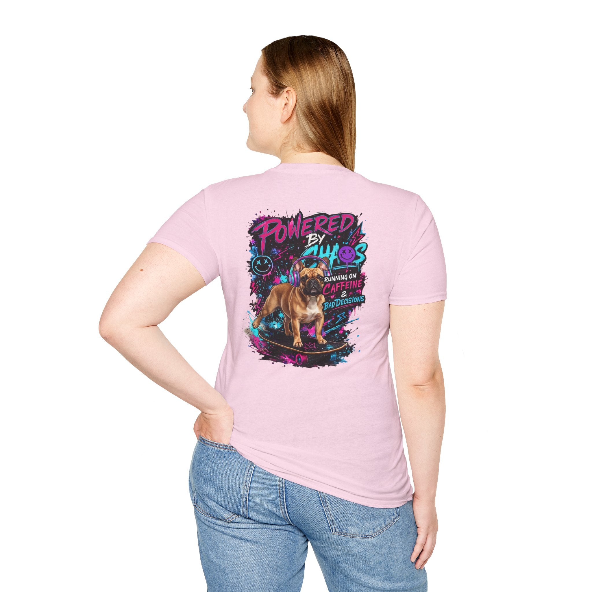 Powered by Chaos Bulldog Tee | Graphic Dog Portrait, Neon Skateboard Art
