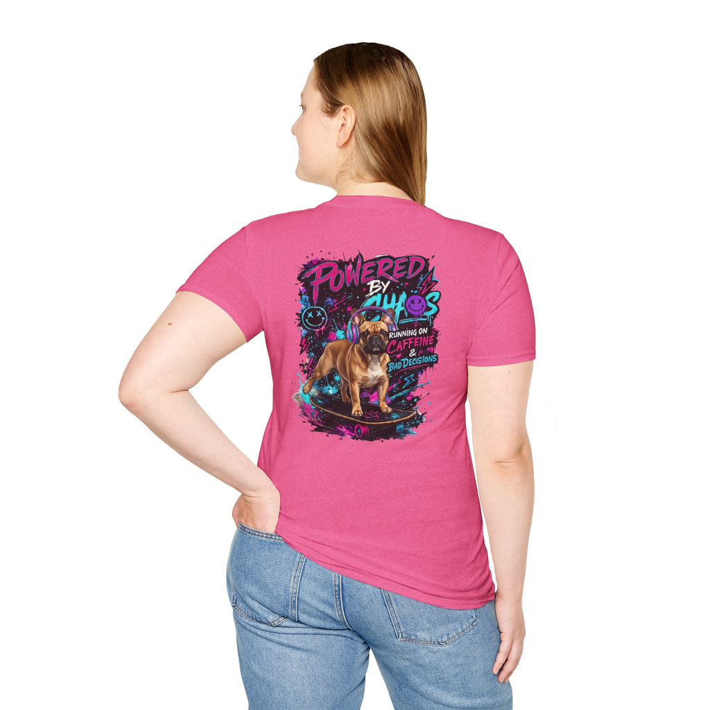 Powered by Chaos Bulldog Tee | Graphic Dog Portrait, Neon Skateboard Art