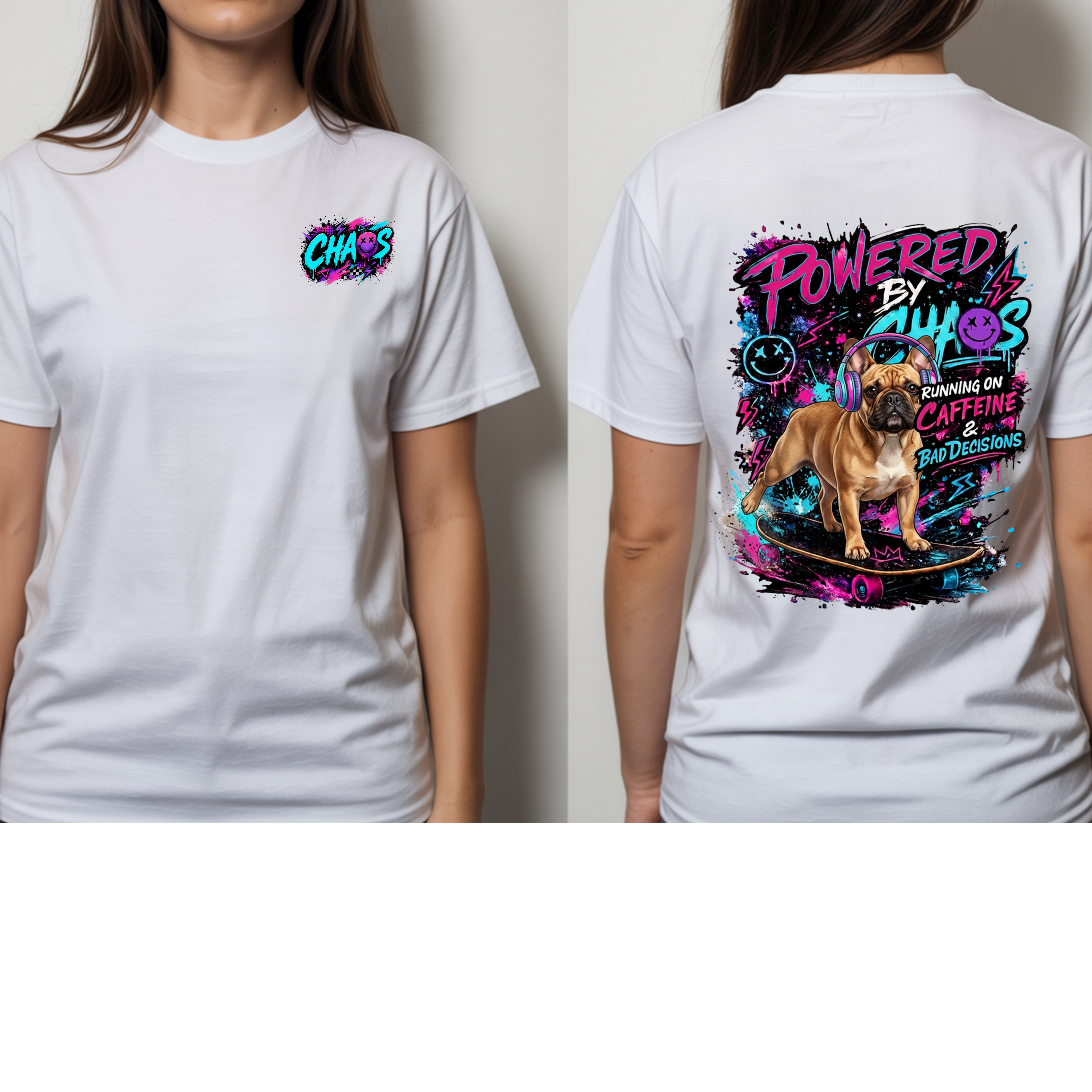Powered by Chaos Bulldog Tee | Graphic Dog Portrait, Neon Skateboard Art