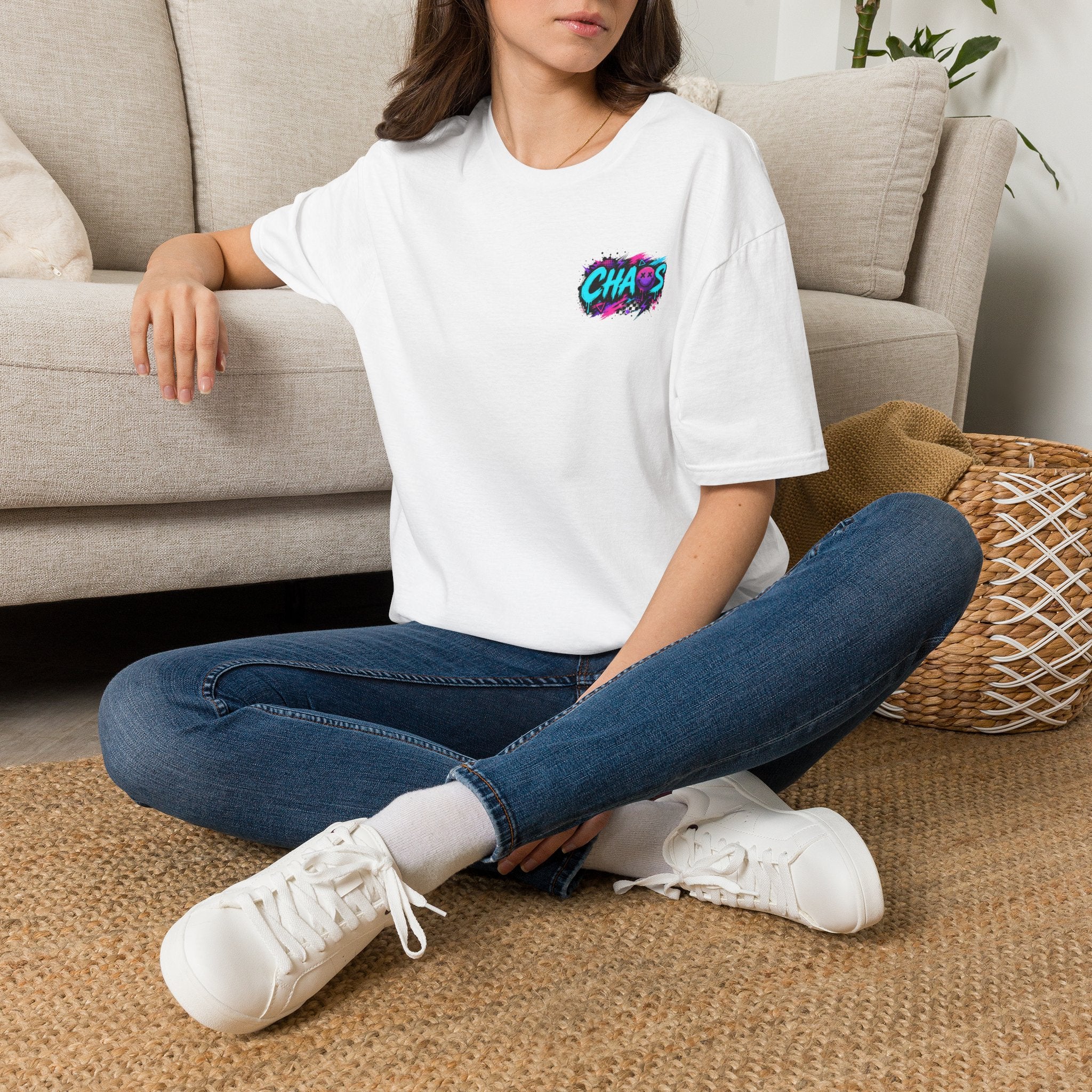 Powered by Chaos Bulldog Tee | Graphic Dog Portrait, Neon Skateboard Art