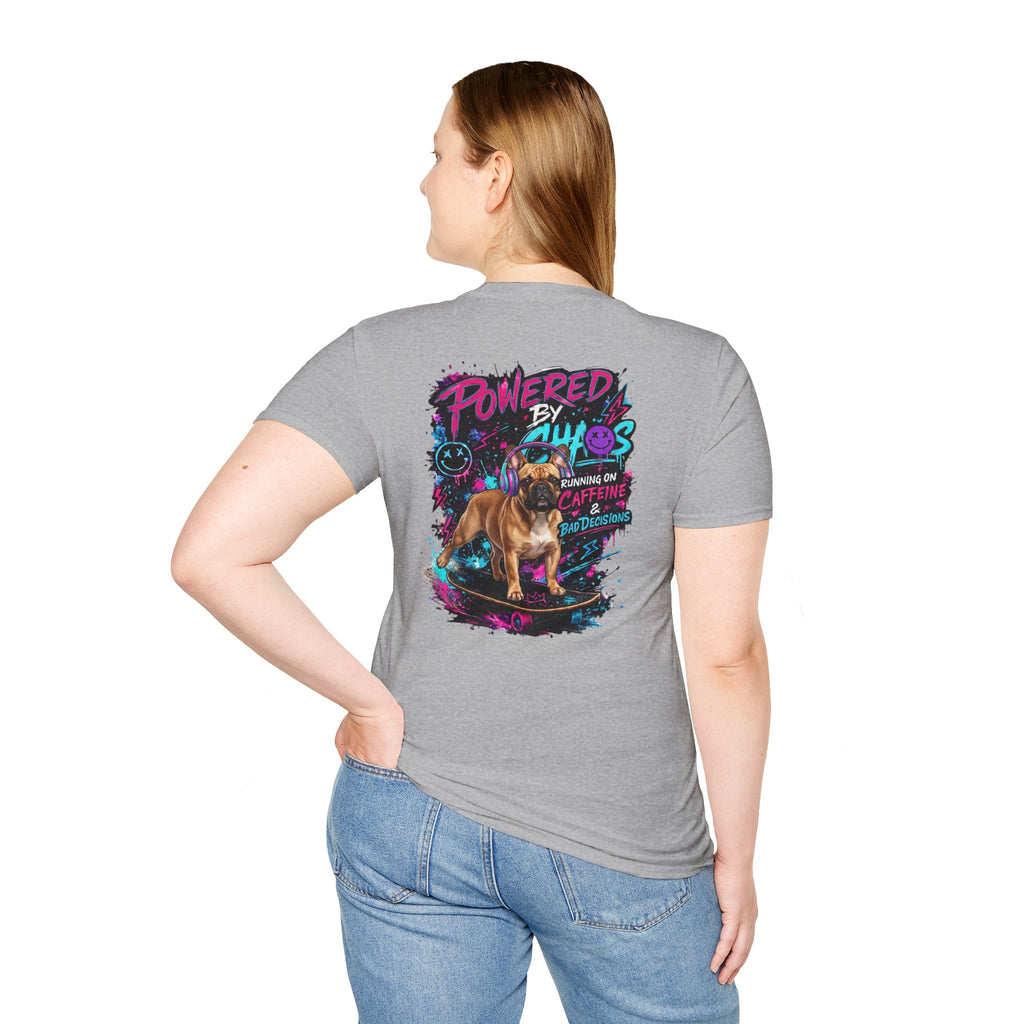 Powered by Chaos Bulldog Tee | Graphic Dog Portrait, Neon Skateboard Art