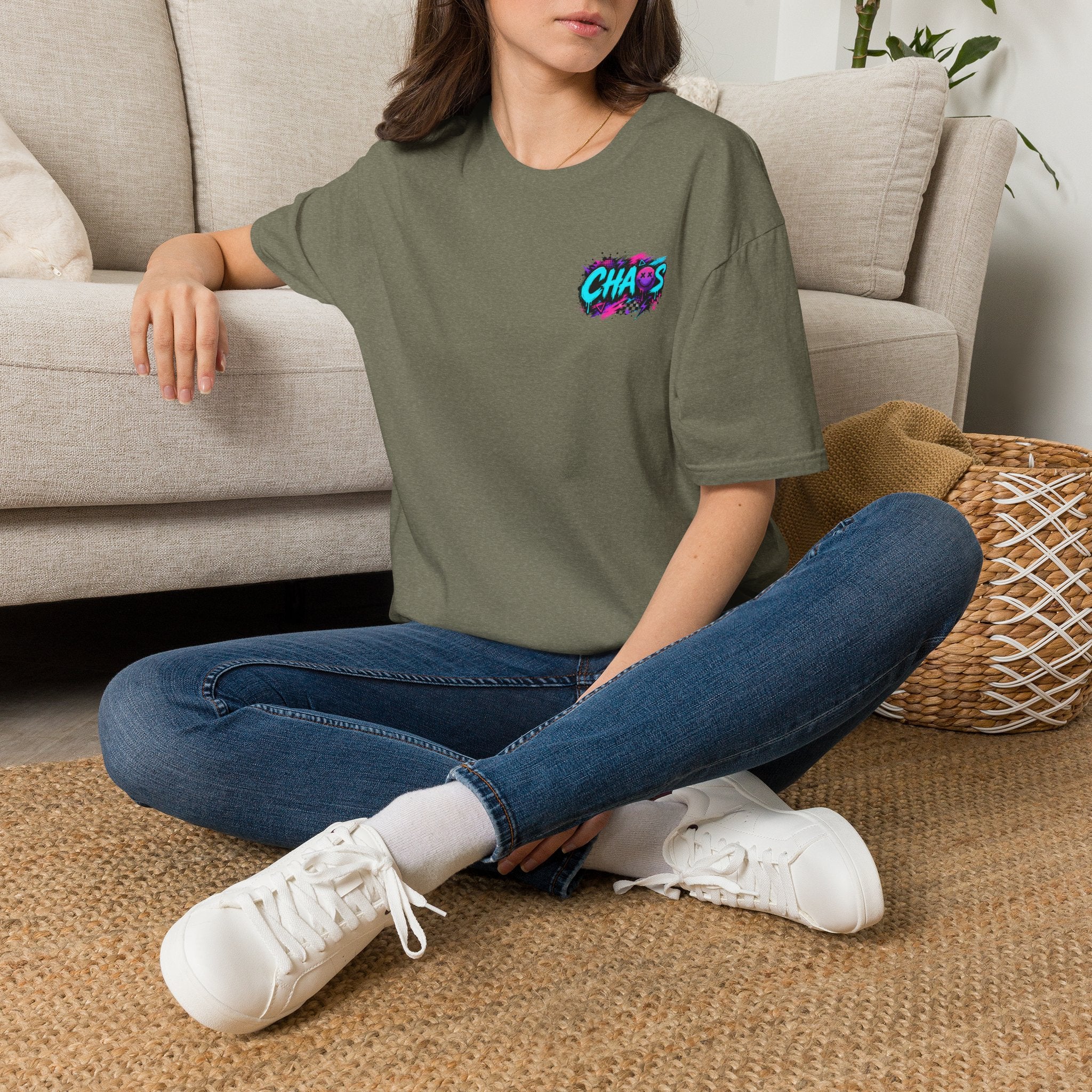 Powered by Chaos Bulldog Tee | Graphic Dog Portrait, Neon Skateboard Art