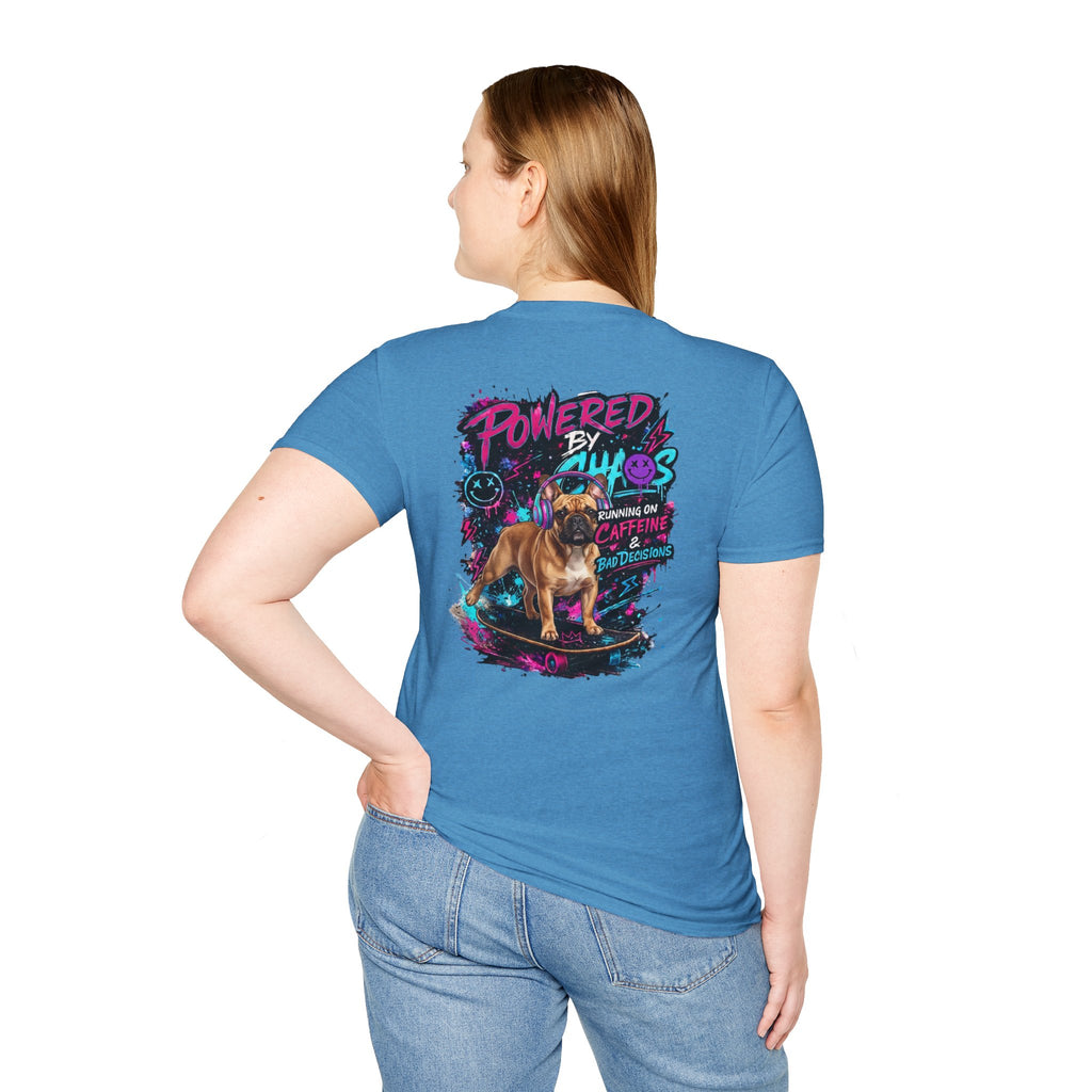 Powered by Chaos Bulldog Tee | Graphic Dog Portrait, Neon Skateboard Art