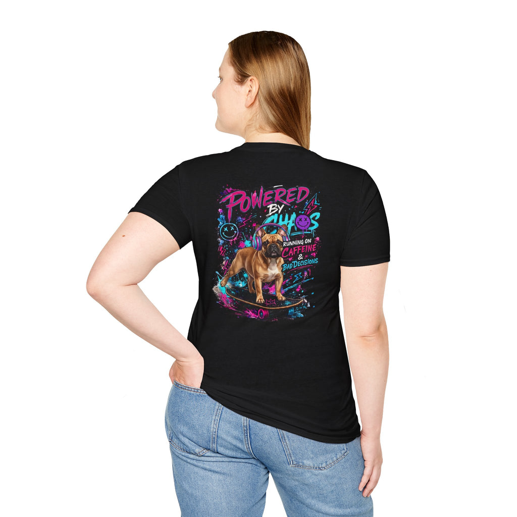 Powered by Chaos Bulldog Tee | Graphic Dog Portrait, Neon Skateboard Art