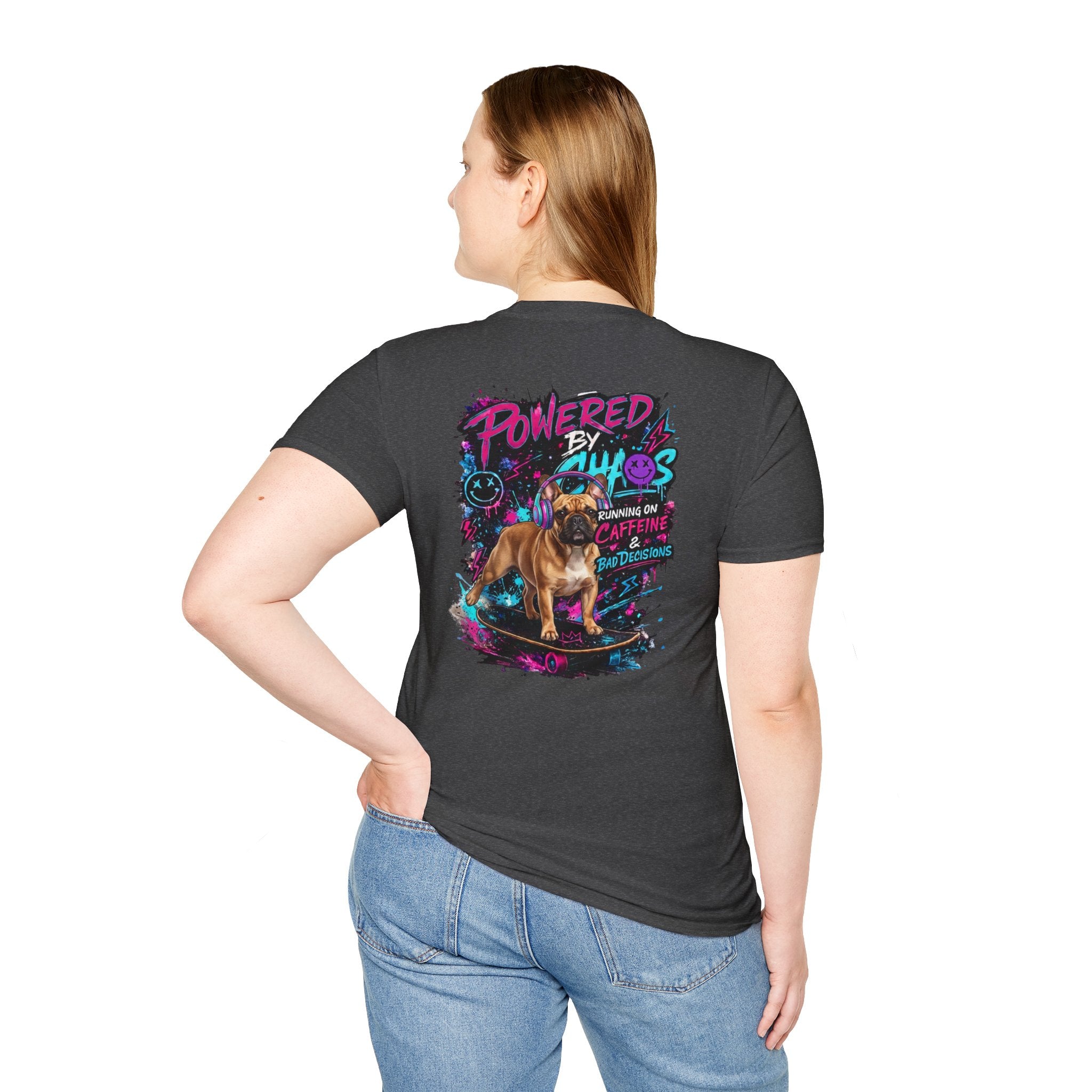 Powered by Chaos Bulldog Tee | Graphic Dog Portrait, Neon Skateboard Art