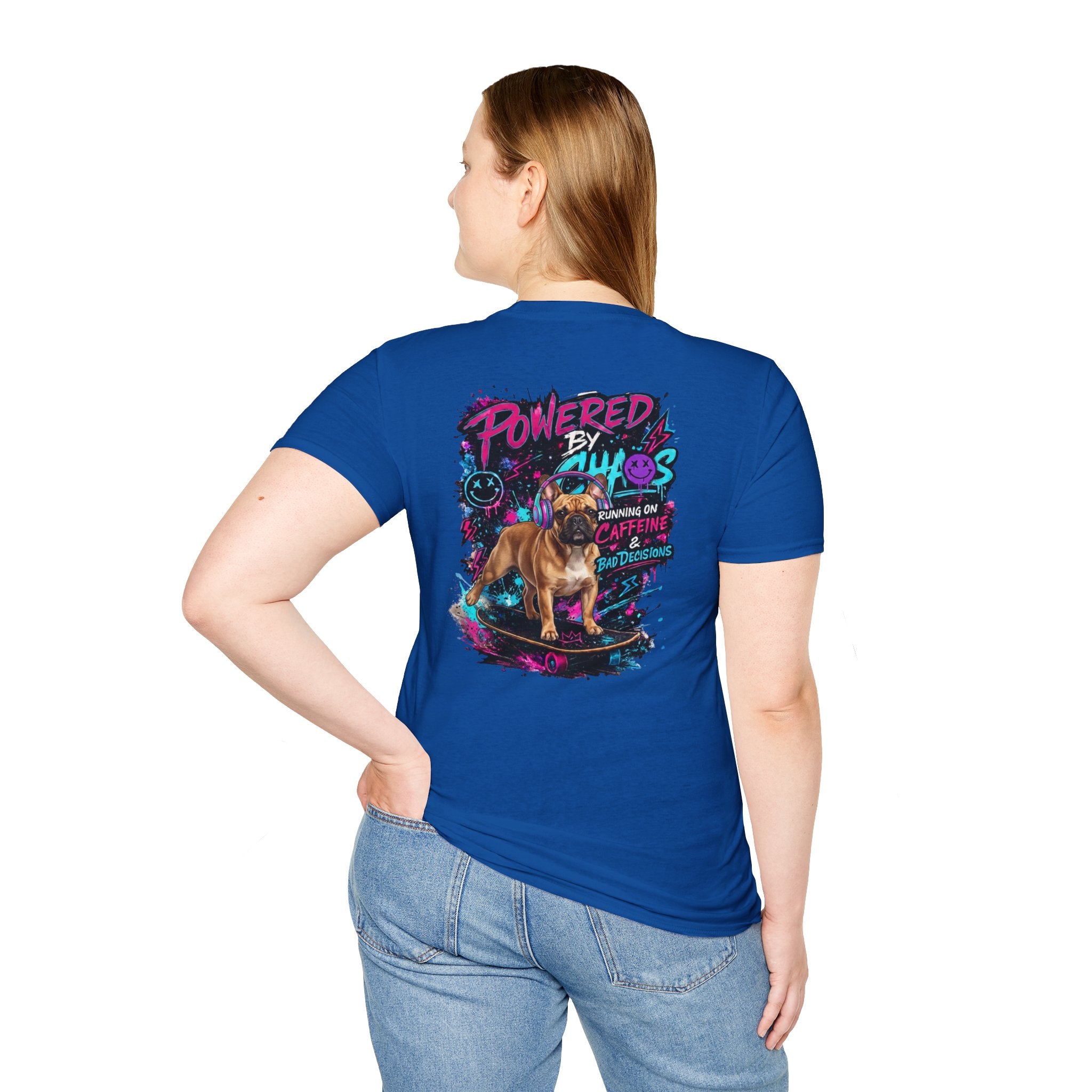 Powered by Chaos Bulldog Tee | Graphic Dog Portrait, Neon Skateboard Art