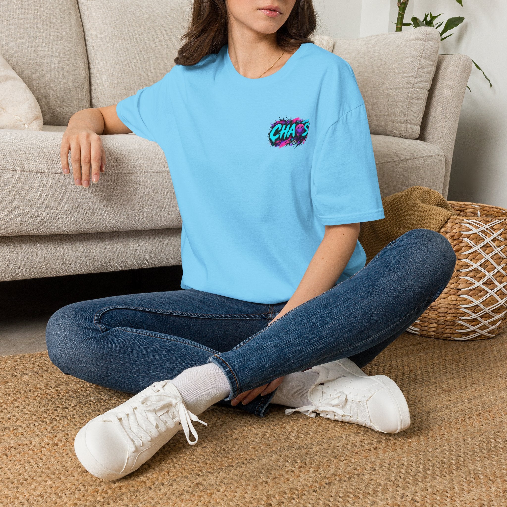 Powered by Chaos Bulldog Tee | Graphic Dog Portrait, Neon Skateboard Art
